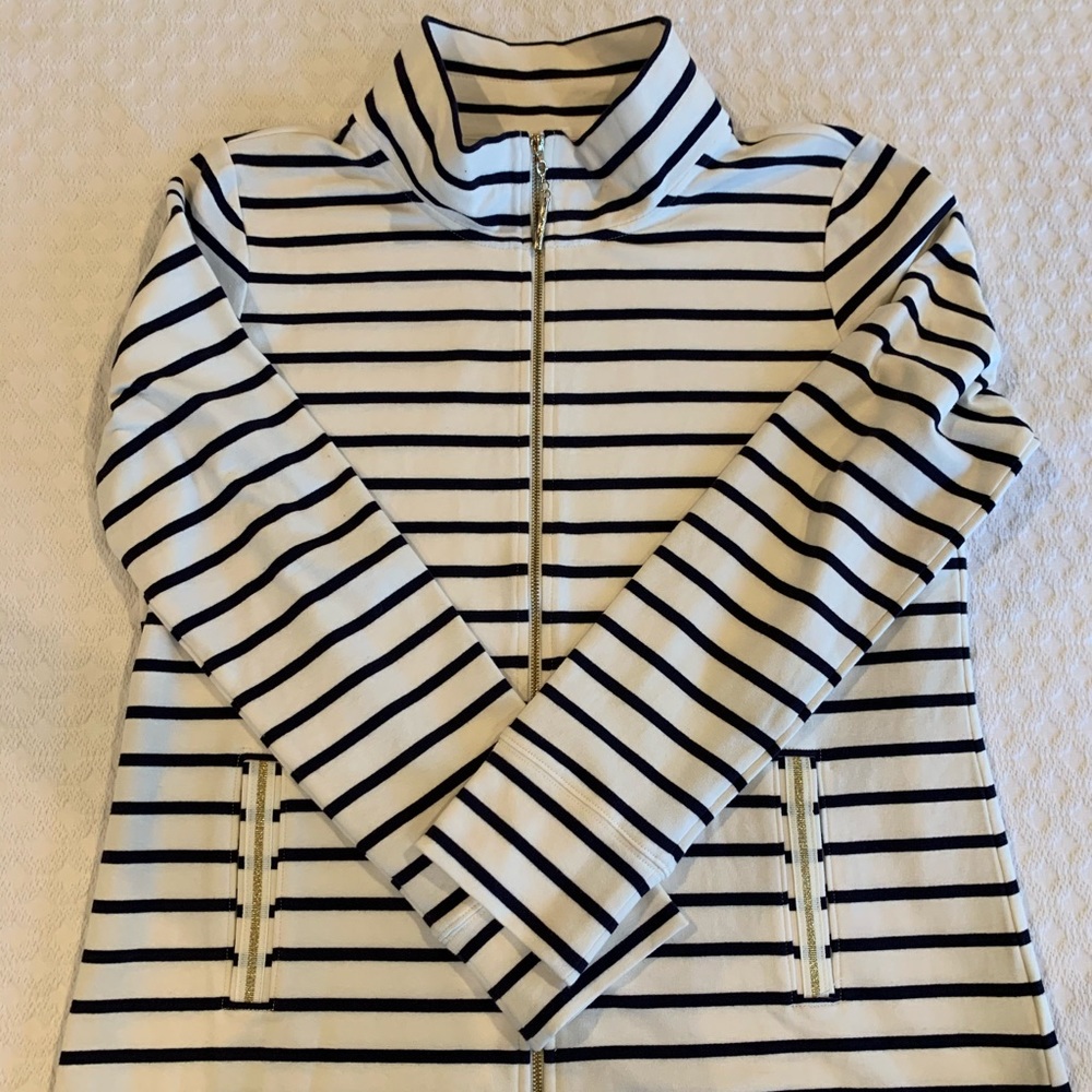 NWOT, Lilly Pulitzer Navy and White Zip Top; Sz Lg